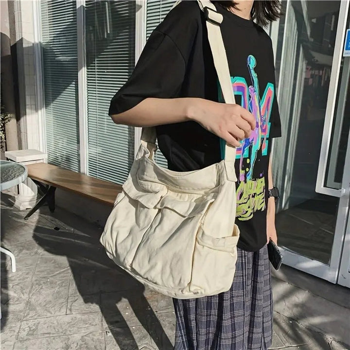Emilia | Damen Vintage Canvas Tote Bag große Schultertasche mit Seitentaschen