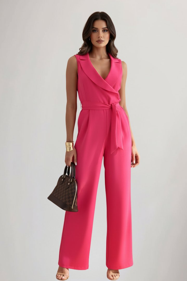 Amelie | Damen Weitbein-Jumpsuit Blazerkragen Bindegürtel