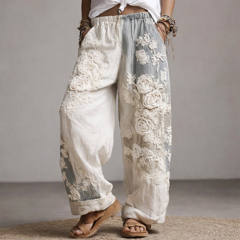 Marlene | Damen Weite Hose mit Blumenstickerei und Kordelzug