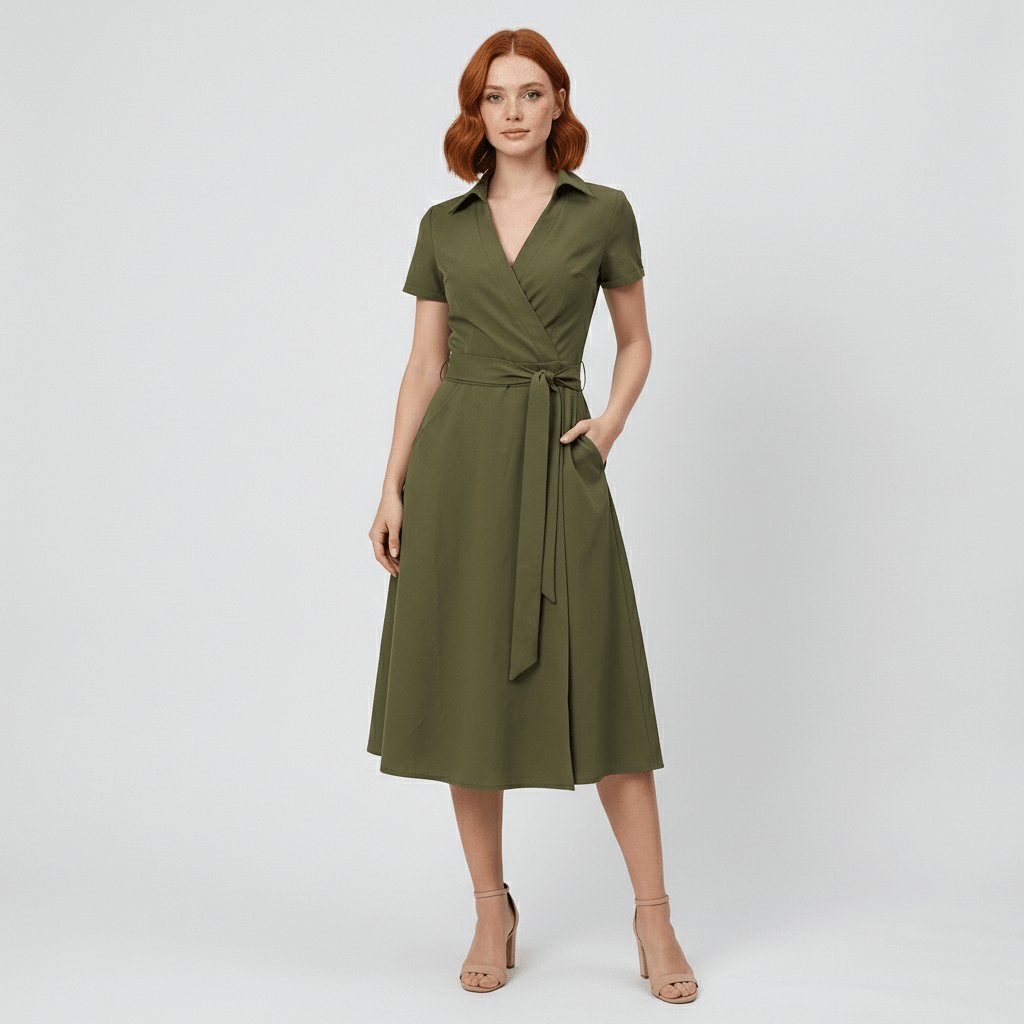 Sophie | Damen Wickel-Midi-Kleid mit V-Ausschnitt Taillengürtel Seitentaschen