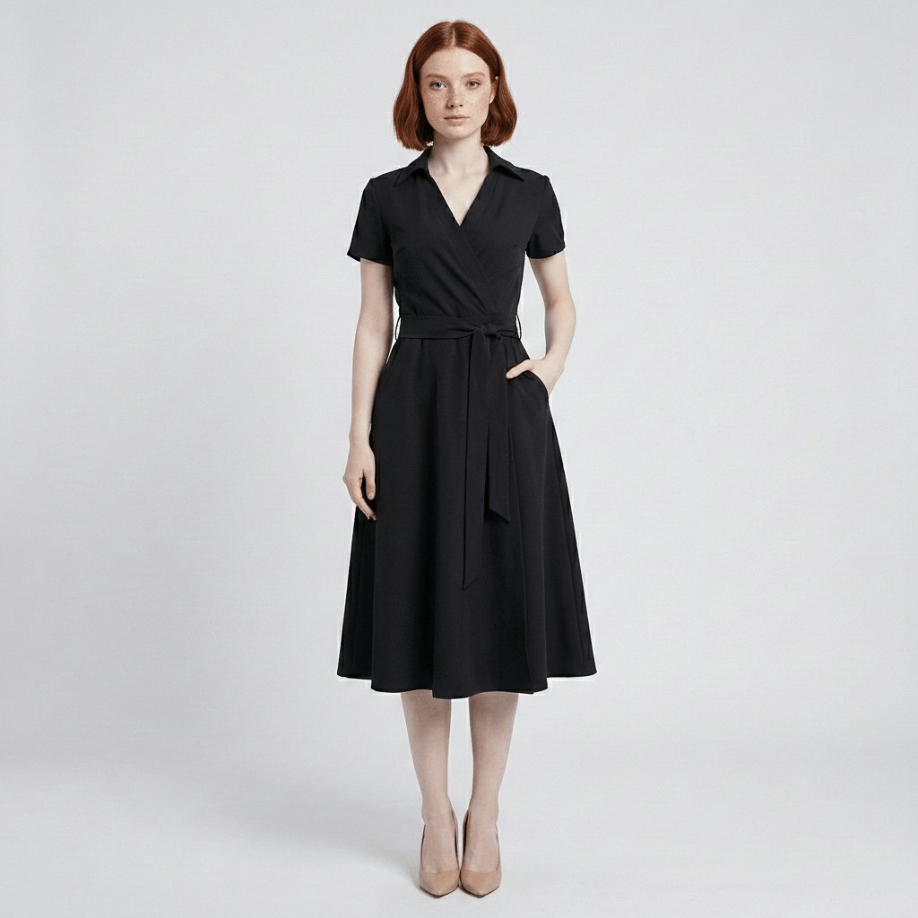 Sophie | Damen Wickel-Midi-Kleid mit V-Ausschnitt Taillengürtel Seitentaschen
