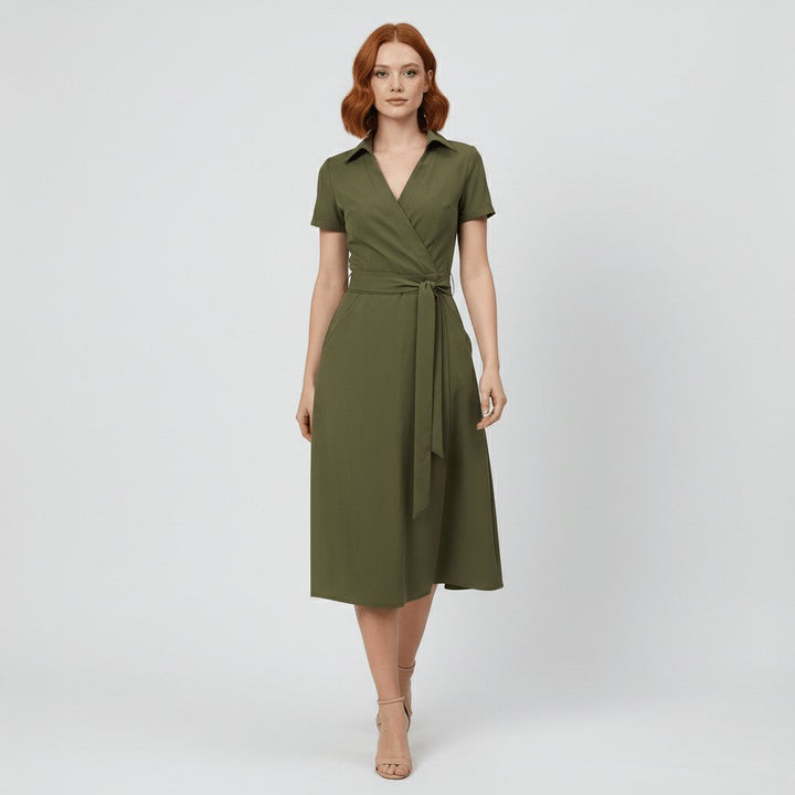 Sophie | Damen Wickel-Midi-Kleid mit V-Ausschnitt Taillengürtel Seitentaschen