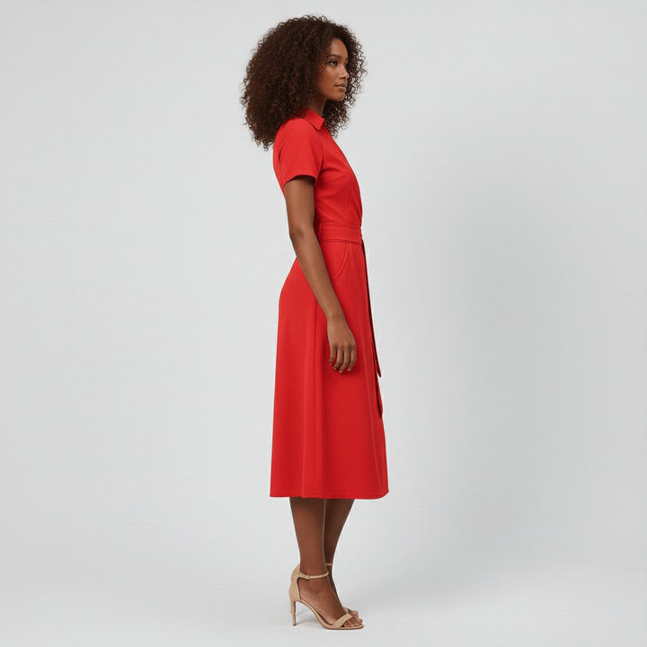 Sophie | Damen Wickel-Midi-Kleid mit V-Ausschnitt Taillengürtel Seitentaschen