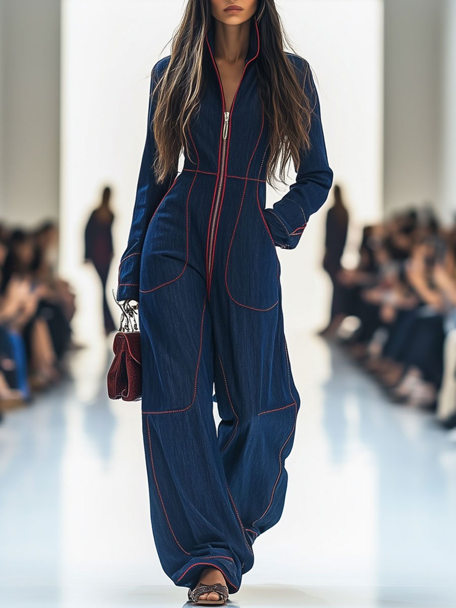 Amelie | Damen Wide-Leg Langarm-Jumpsuit mit Reißverschluss Kontrastnähten