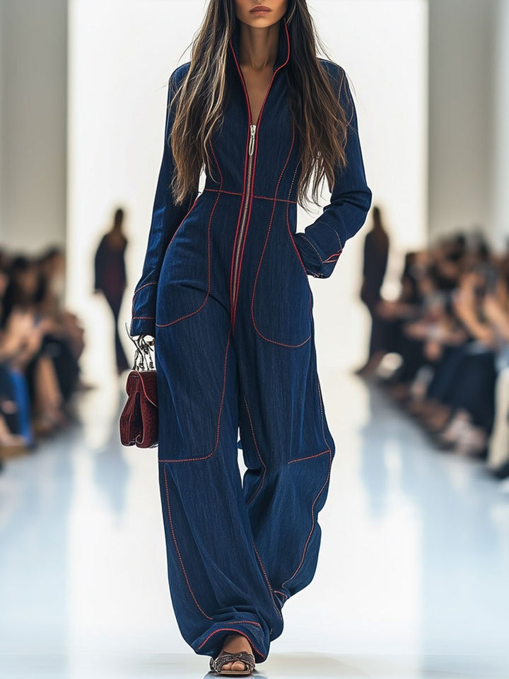 Amelie | Damen Wide-Leg Langarm-Jumpsuit mit Reißverschluss Kontrastnähten