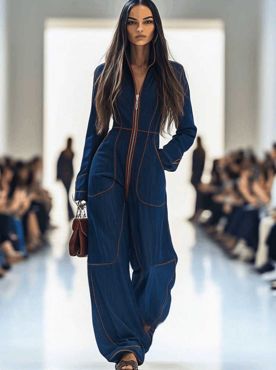 Amelie | Damen Wide-Leg Langarm-Jumpsuit mit Reißverschluss Kontrastnähten