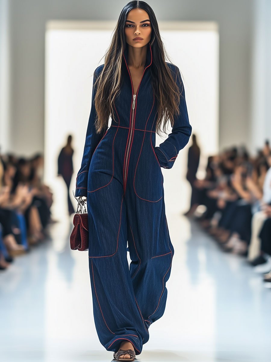 Amelie | Damen Wide-Leg Langarm-Jumpsuit mit Reißverschluss Kontrastnähten