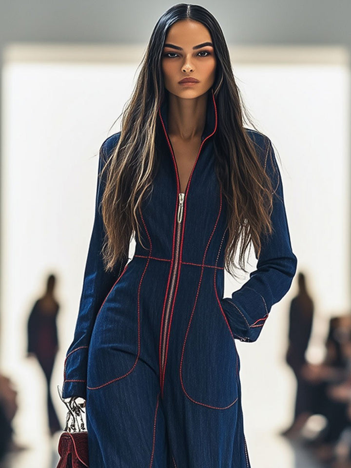 Amelie | Damen Wide-Leg Langarm-Jumpsuit mit Reißverschluss Kontrastnähten