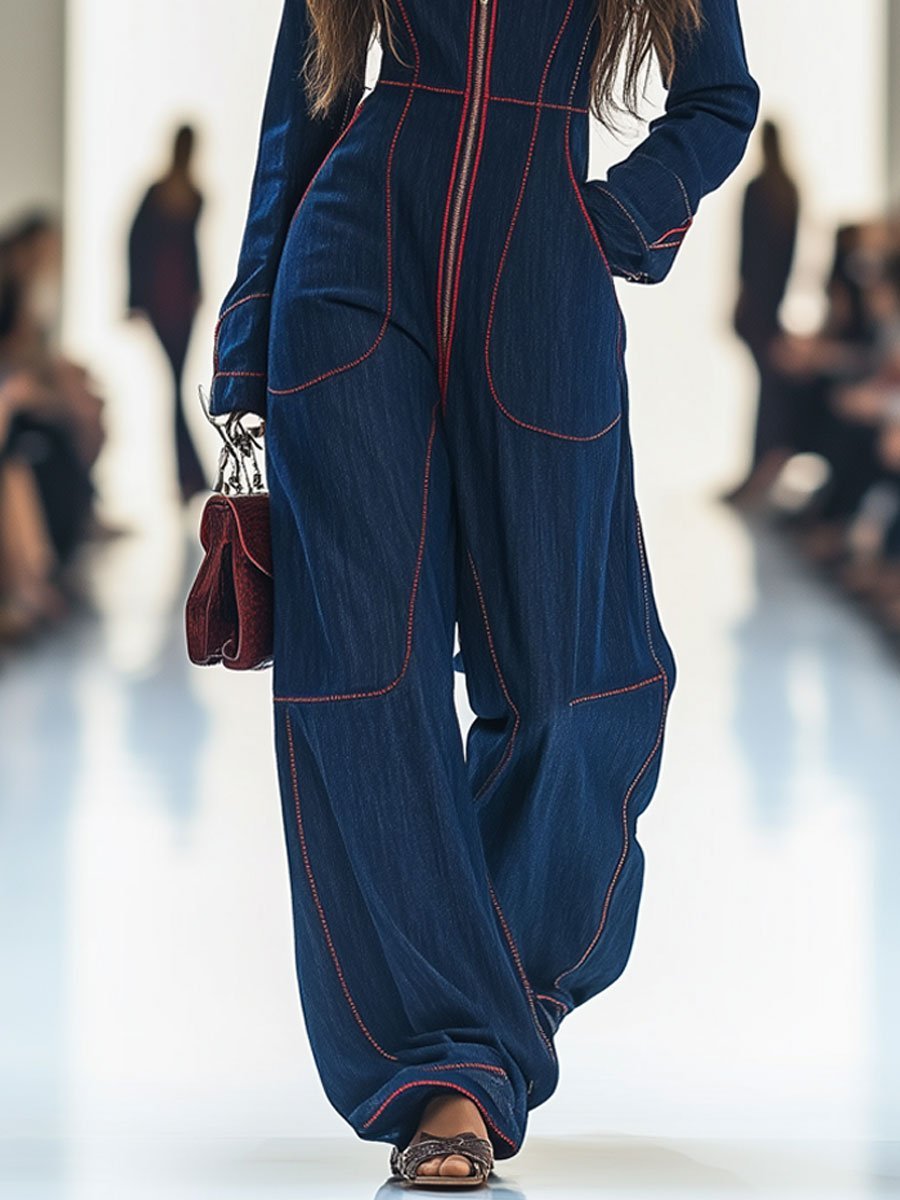 Amelie | Damen Wide-Leg Langarm-Jumpsuit mit Reißverschluss Kontrastnähten