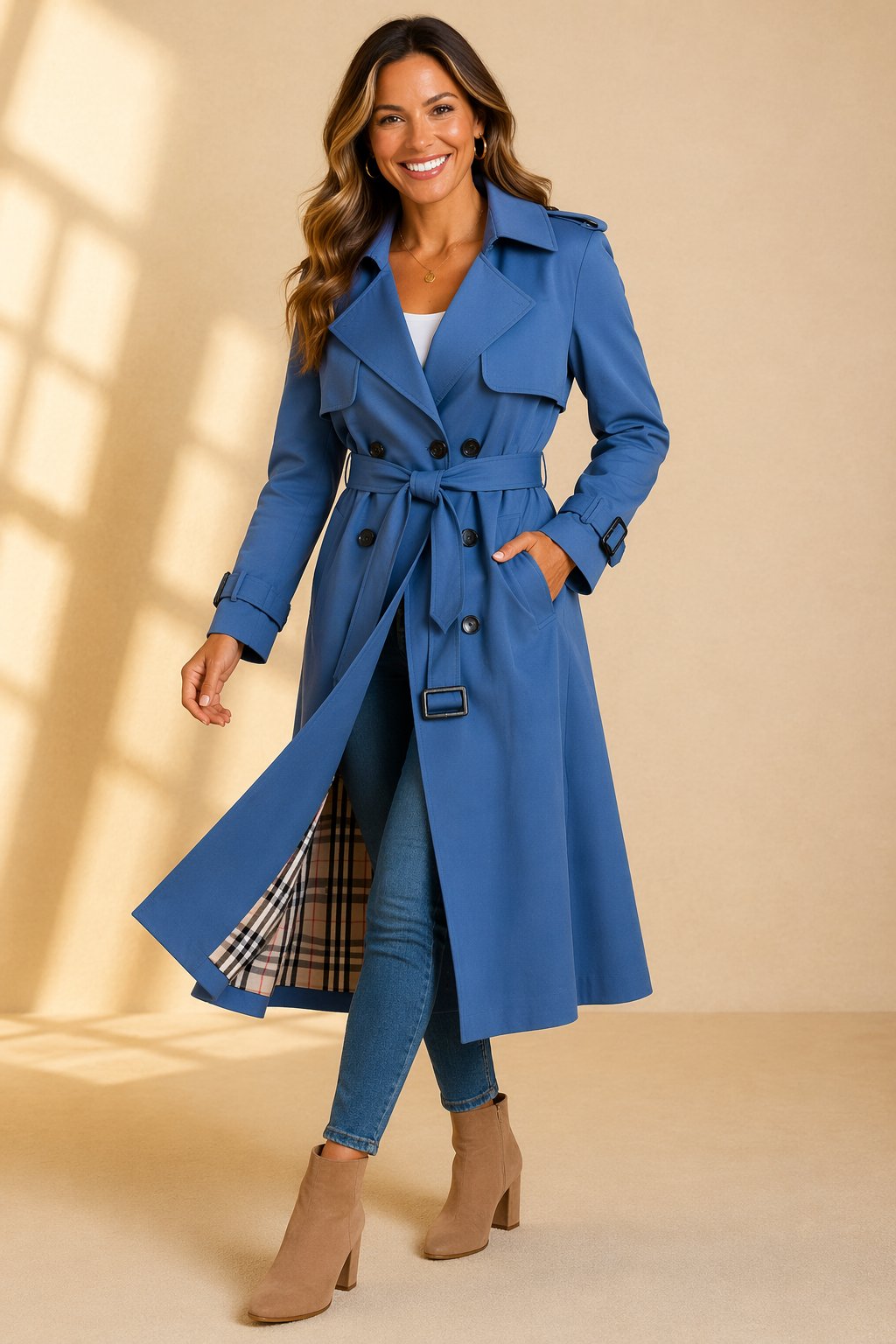 Mia | Damen Zweireihiger Langer Trenchcoat Taillengürtel