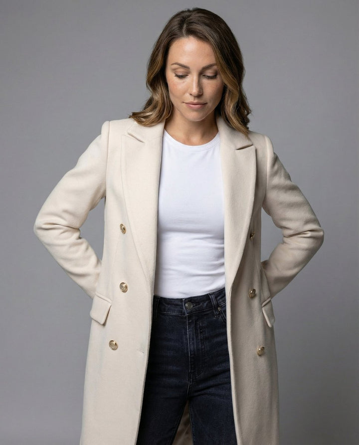 Annika | Damen Zweireihiger Langer Wintermantel mit Goldknöpfen