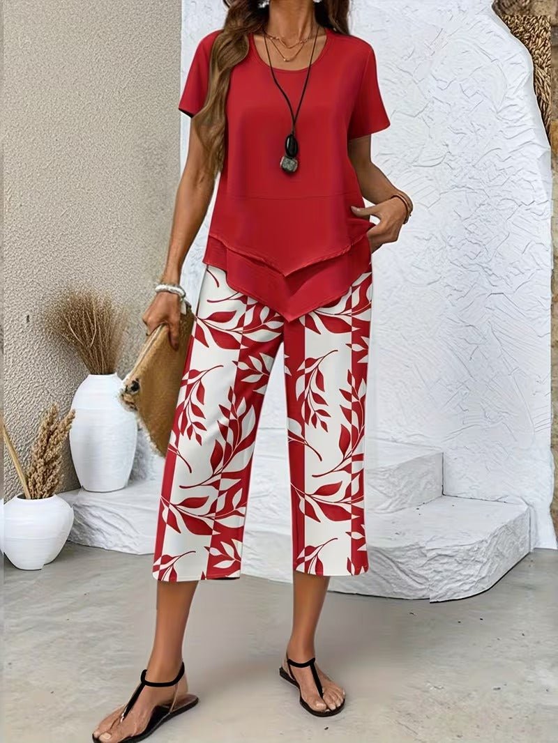 Nora | Damen Zweiteiler Set Kurzarm Oberteil Blätter Print Hose