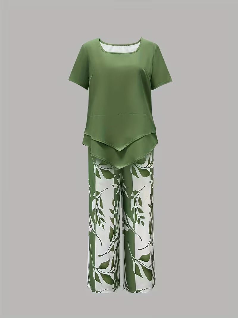 Nora | Damen Zweiteiler Set Kurzarm Oberteil Blätter Print Hose