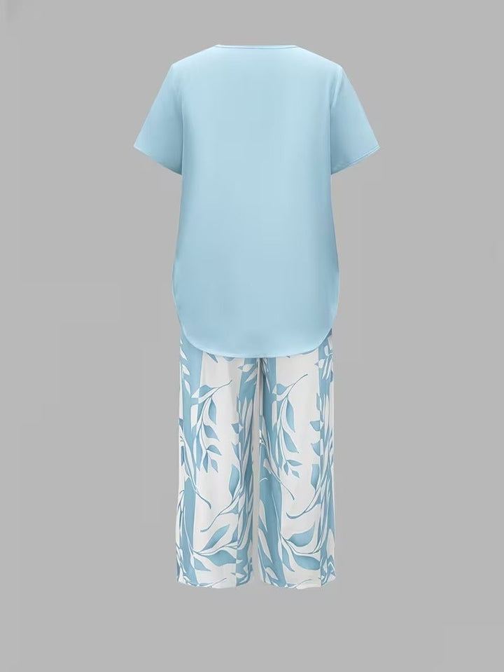 Nora | Damen Zweiteiler Set Kurzarm Oberteil Blätter Print Hose