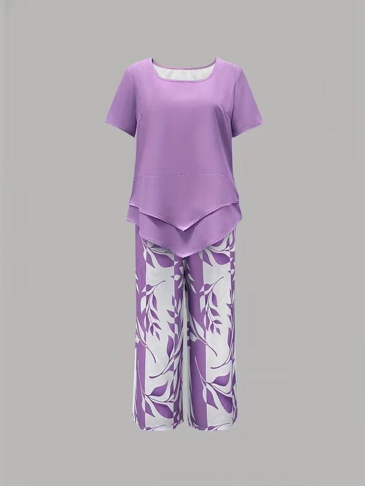 Nora | Damen Zweiteiler Set Kurzarm Oberteil Blätter Print Hose