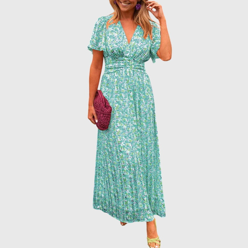 Regine | Damen Maxikleid mit Blumenmuster und Kurzärmeln