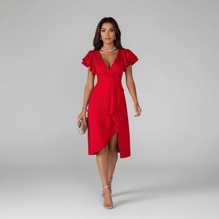 Clara | Elegantes Mother-of-the-Bride-Kleid mit Rüschenärmeln Wickelschnitt