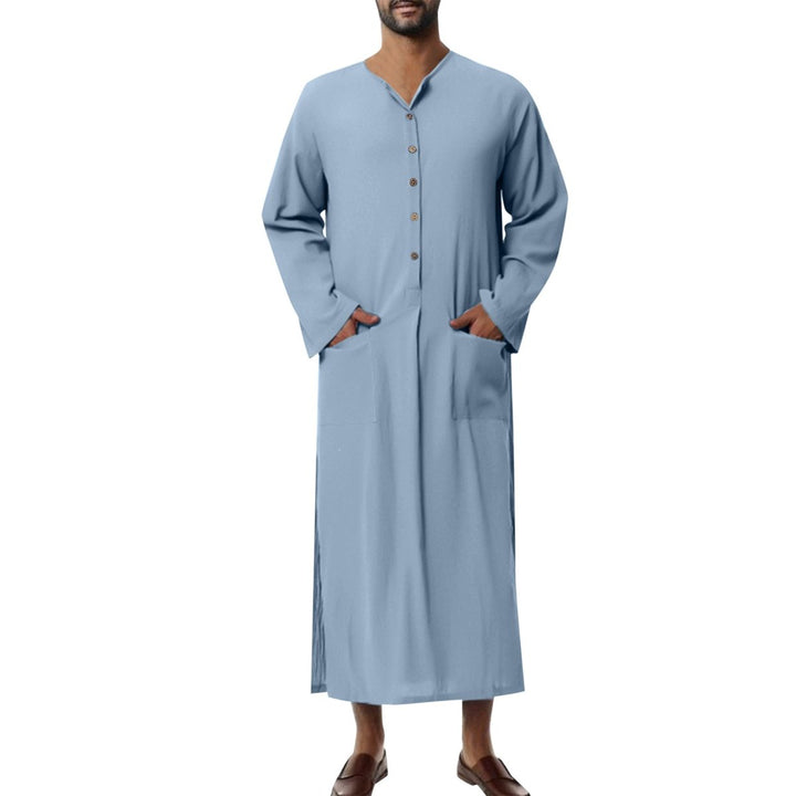 Moritz | Herren Leinen Tunika Kaftan bodenlang weiter Schnitt Stehkragen Knopfblende