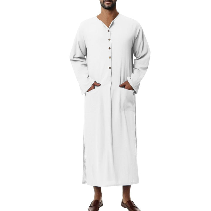 Moritz | Herren Leinen Tunika Kaftan bodenlang weiter Schnitt Stehkragen Knopfblende