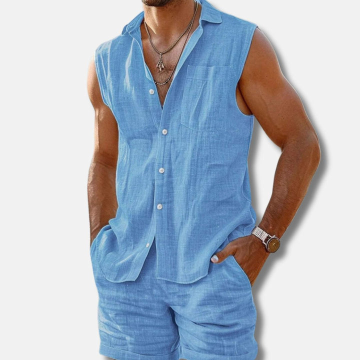 Maximilian | Herren Ärmelloses Leinenoptik-Hemd-Shorts-Set Regular Fit