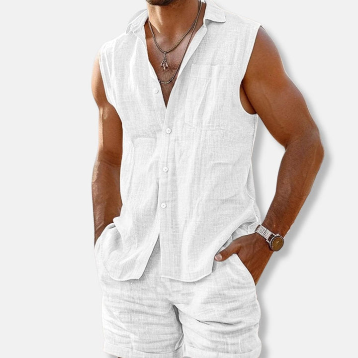 Maximilian | Herren Ärmelloses Leinenoptik-Hemd-Shorts-Set Regular Fit