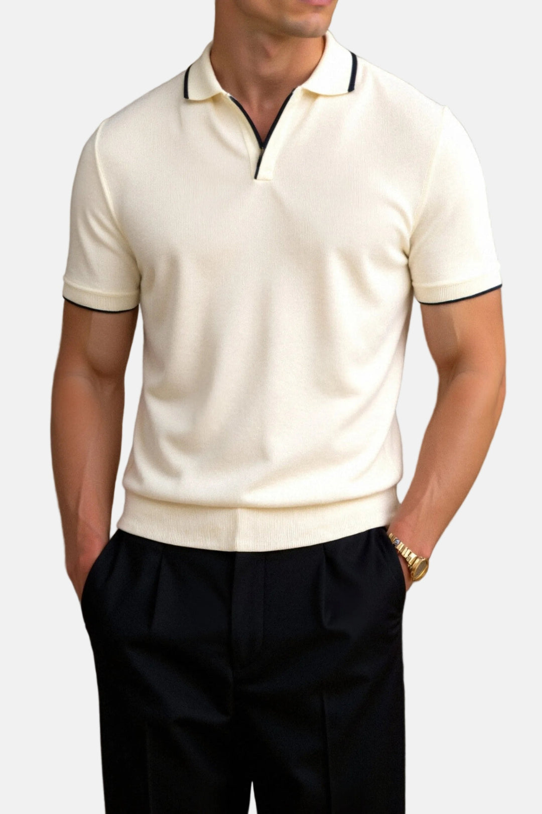 Stefan | Herren Slim-Fit Strick-Poloshirt mit offenem Kragen und Kontrastdetails
