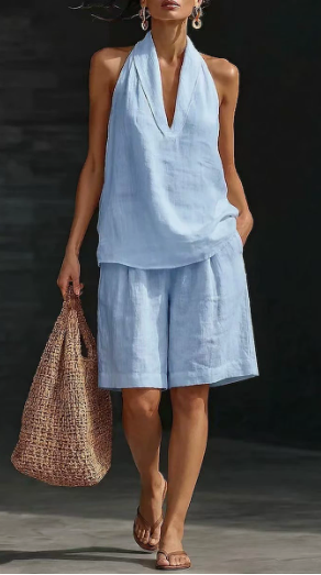 Annika | Damen Leinen-Baumwoll-Top Shorts Set Ärmellos Blau Paspeliert