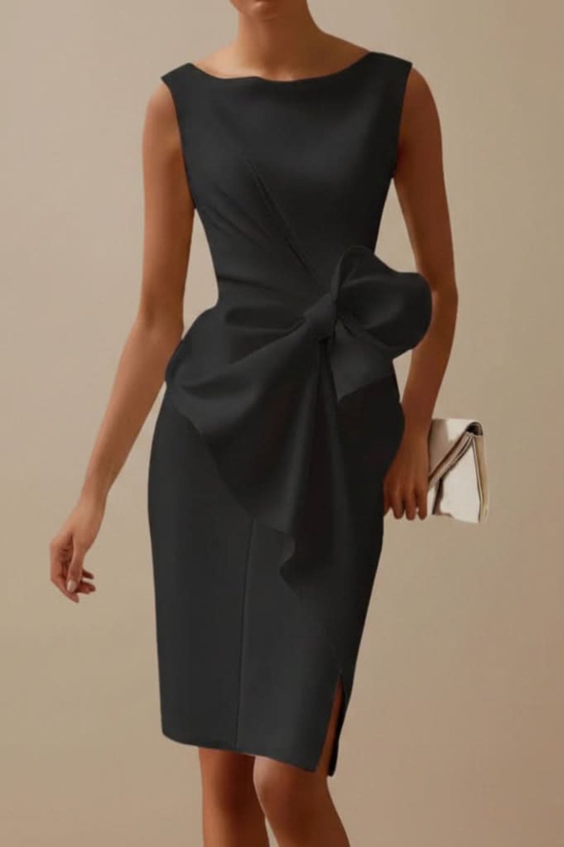 Elisabeth | Ärmelloses Midi-Cocktailkleid mit Schleife und Beinschlitz