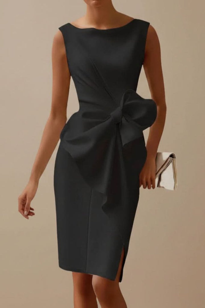 Elisabeth | Ärmelloses Midi-Cocktailkleid mit Schleife und Beinschlitz