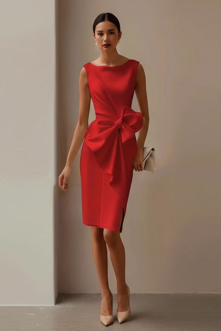 Elisabeth | Ärmelloses Midi-Cocktailkleid mit Schleife und Beinschlitz