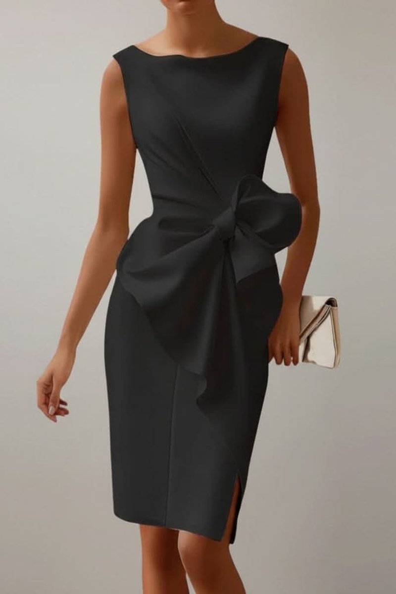 Elisabeth | Ärmelloses Midi-Cocktailkleid mit Schleife und Beinschlitz