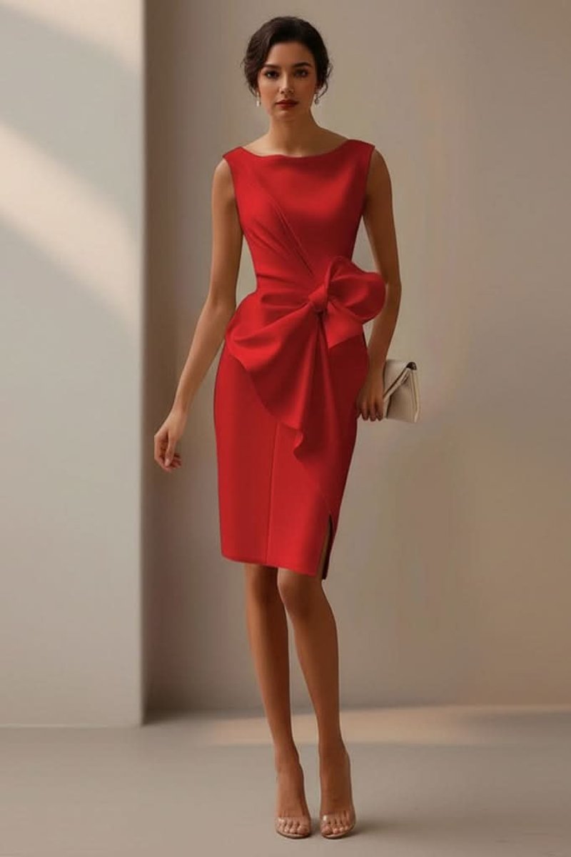 Elisabeth | Ärmelloses Midi-Cocktailkleid mit Schleife und Beinschlitz