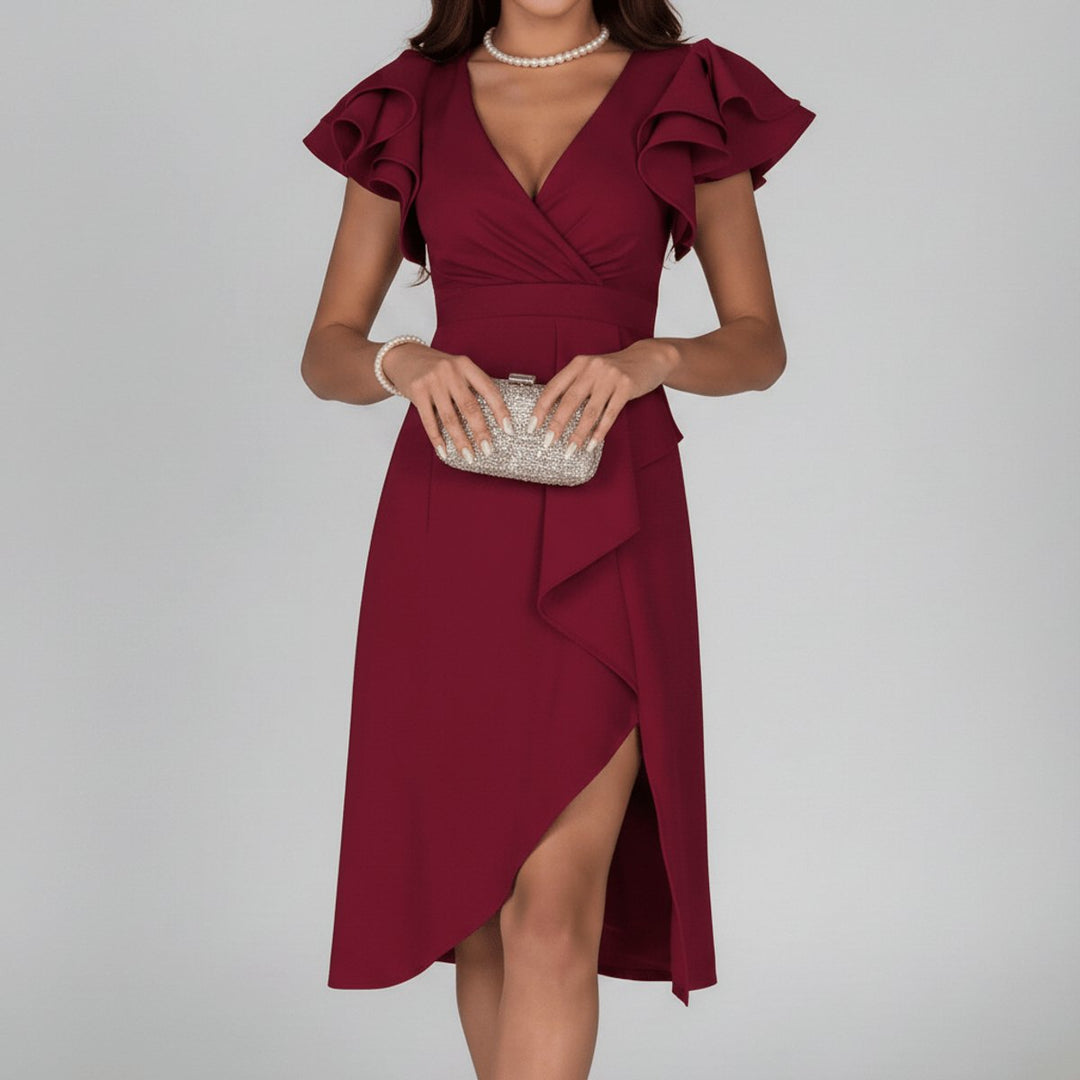 Florence | Elegantes Damen-Wickelkleid mit V-Ausschnitt und Rüschenärmeln