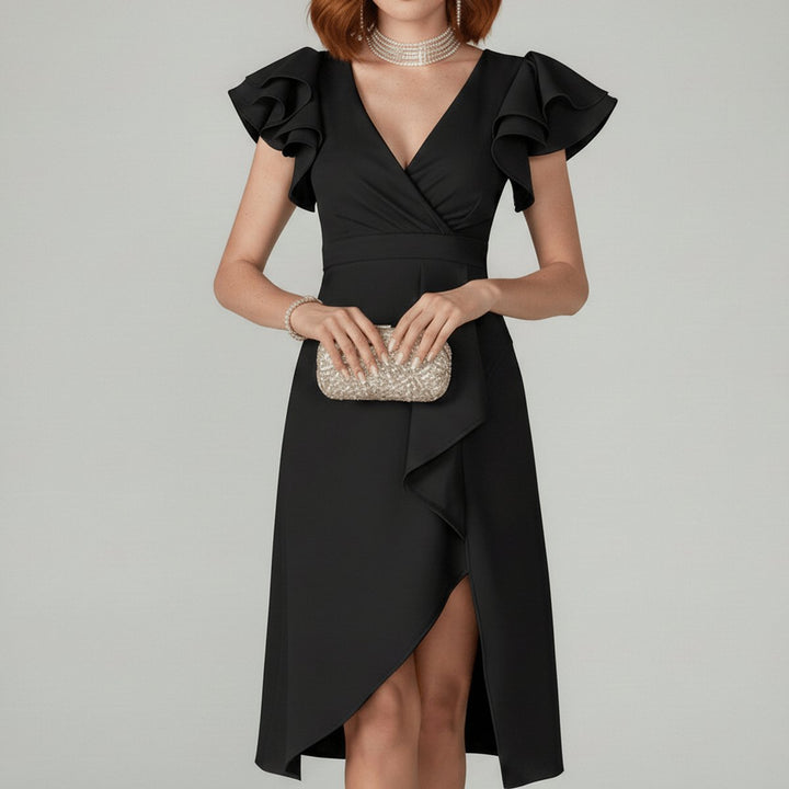 Florence | Elegantes Damen-Wickelkleid mit V-Ausschnitt und Rüschenärmeln