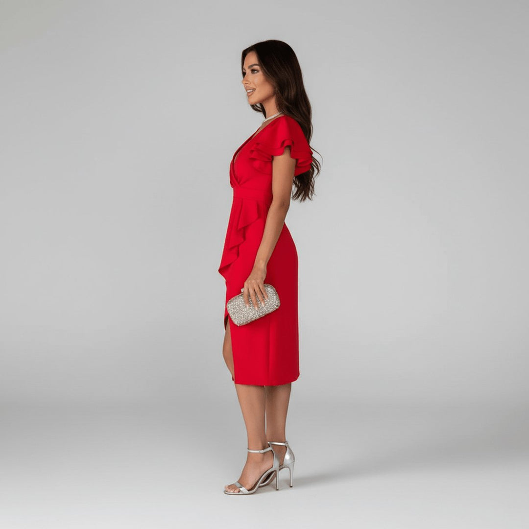 Florence | Elegantes Damen-Wickelkleid mit V-Ausschnitt und Rüschenärmeln