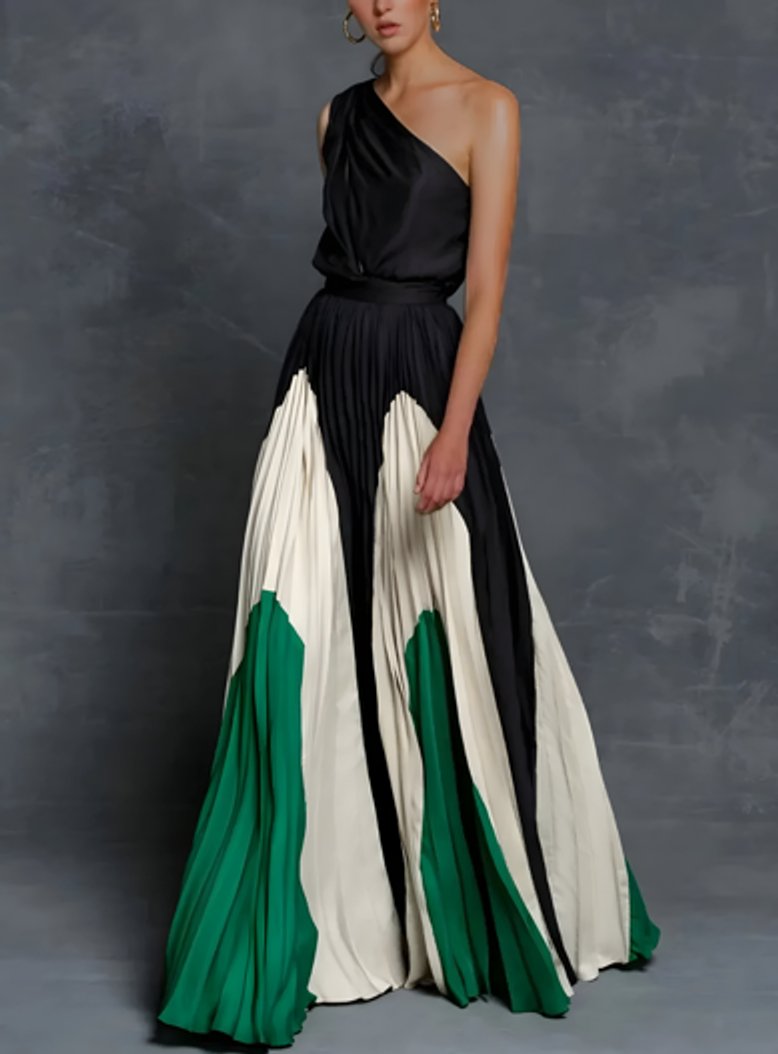 Isla | Plissiertes Damen-Maxikleid mit One-Shoulder-Design und Colorblock-Muster