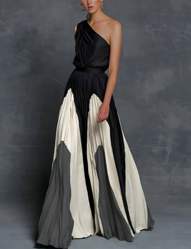 Isla | Plissiertes Damen-Maxikleid mit One-Shoulder-Design und Colorblock-Muster