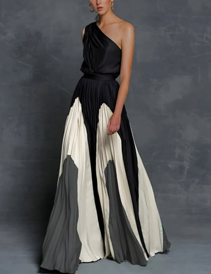Isla | Plissiertes Damen-Maxikleid mit One-Shoulder-Design und Colorblock-Muster