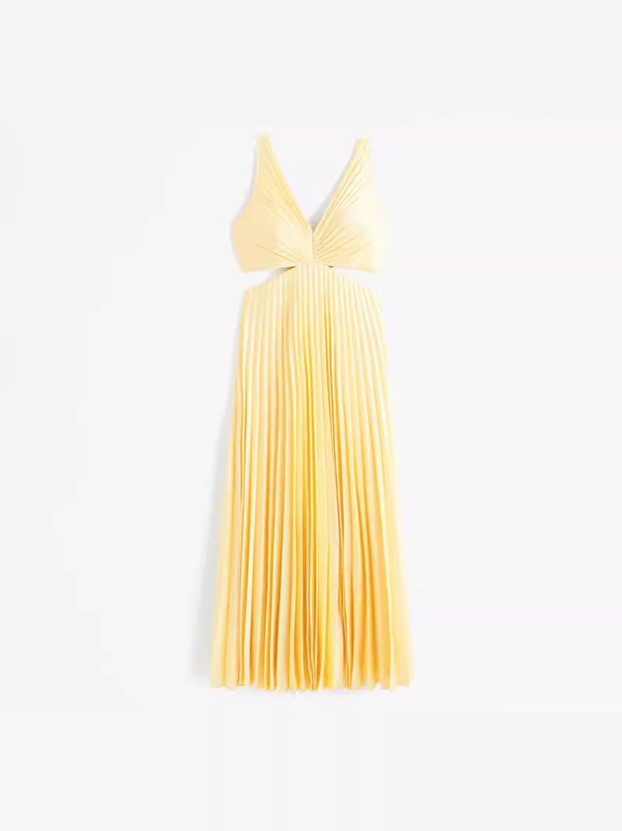 Evelyn | Plissiertes Damen-Maxikleid mit Cut-Out und V-Ausschnitt