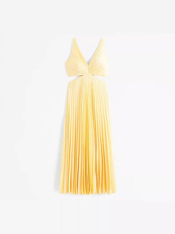 Evelyn | Plissiertes Damen-Maxikleid mit Cut-Out und V-Ausschnitt